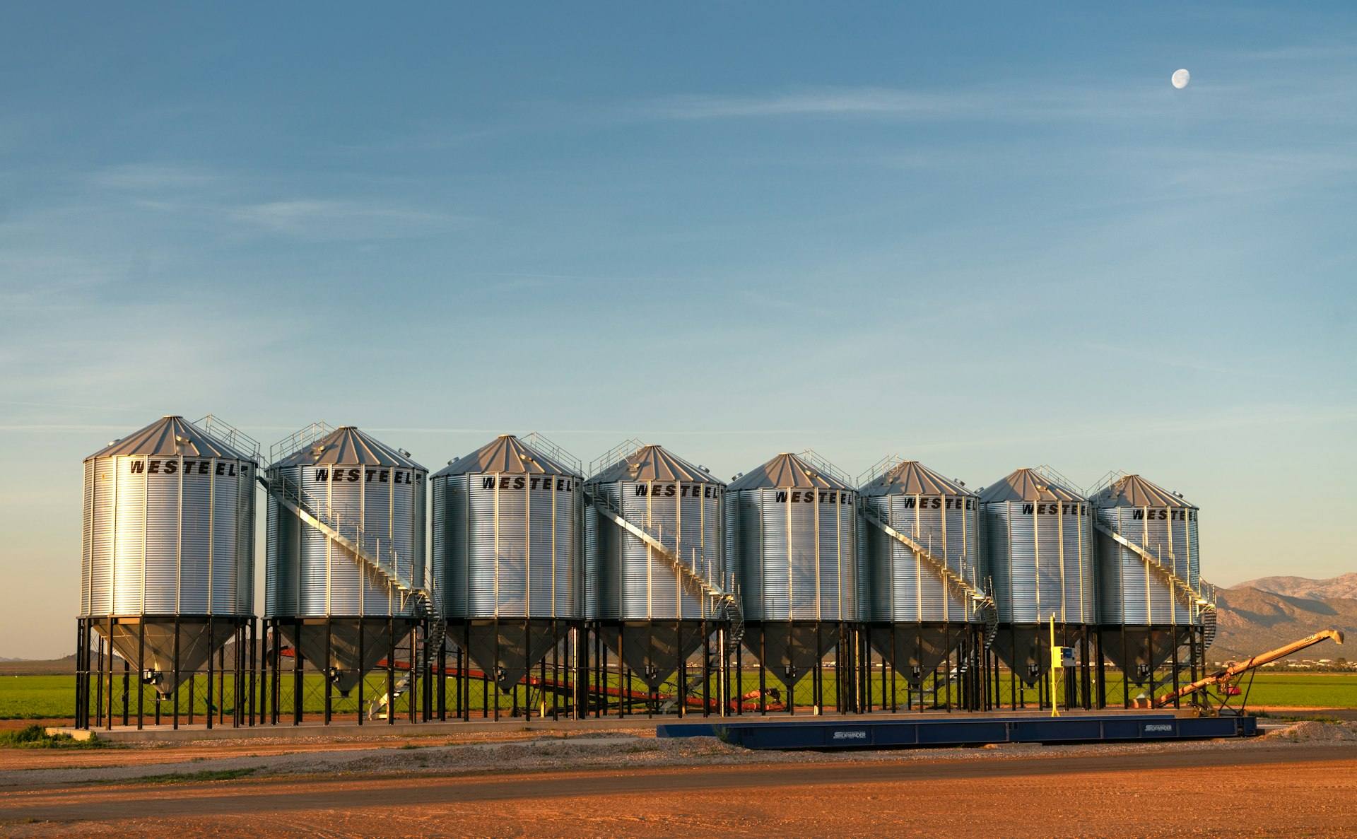 Hilera de silos de acero sobre un lote recién sembrado, con luz de mañana